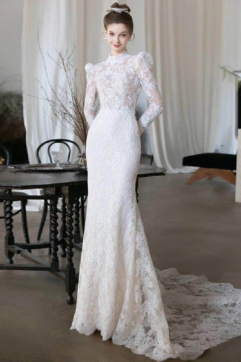 Trumpet-Mermaid Sweep-Brush Train Lace Wedding Dress 818104899723 - COCOMELODY